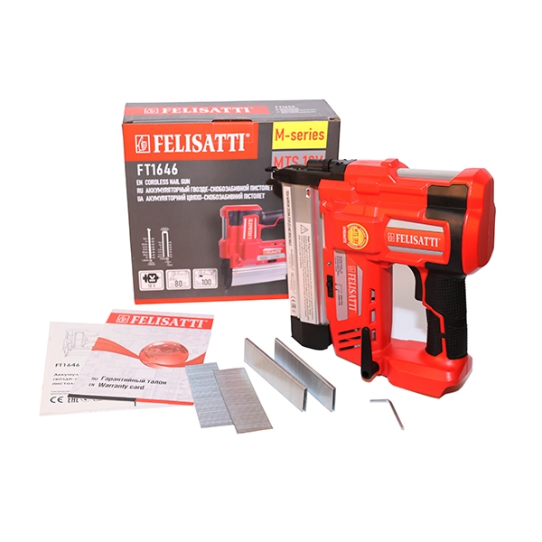 Felisatti FT1646 Felisatti, Аккумуляторный гвоздезабиватель (картон, без аккум.), 18В, макс.длина гвоздей 50мм, макс.длина скоба 40мм, до 100 гвоздей