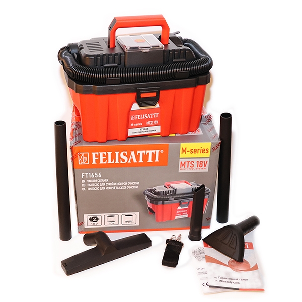 Felisatti FT1656 Felisatti, Аккумуляторный пылесос (картон, без аккум.), 18 В, 14А, бак 10 л, 15 мбар, бесщеточный двигатель