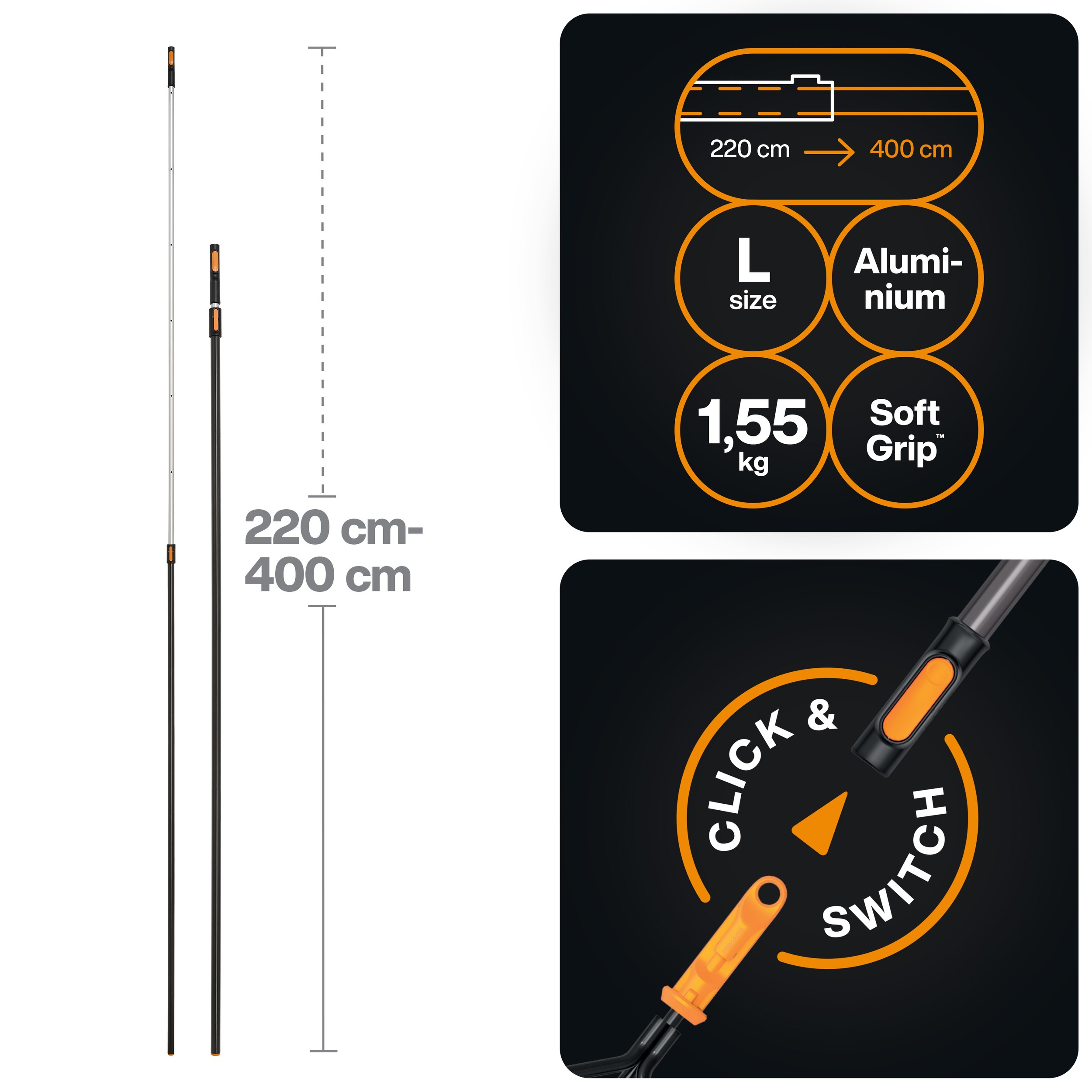 Черенок алюминиевый телескопический L 220-400см OneClick FISKARS - фото1 Черенок алюминиевый телескопический L 220-400см OneClick FISKARS - фото1