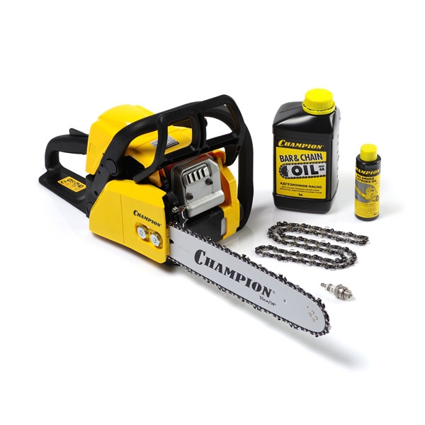 CHAMPION A232-14, Бензиновая цепная пила, 1,5 кВт, 31,8 см3, 14"-3/8-1,3-50E + подарок: масло для цепи 1л; свеча; цепь; масло для 2-тактных двигателей 0,1л. CHAMPION A232-14, Бензиновая цепная пила, 1,5 кВт, 31,8 см3, 14"-3/8-1,3-50E + подарок: масло для цепи 1л; свеча; цепь; масло для 2-тактных двигателей 0,1л.