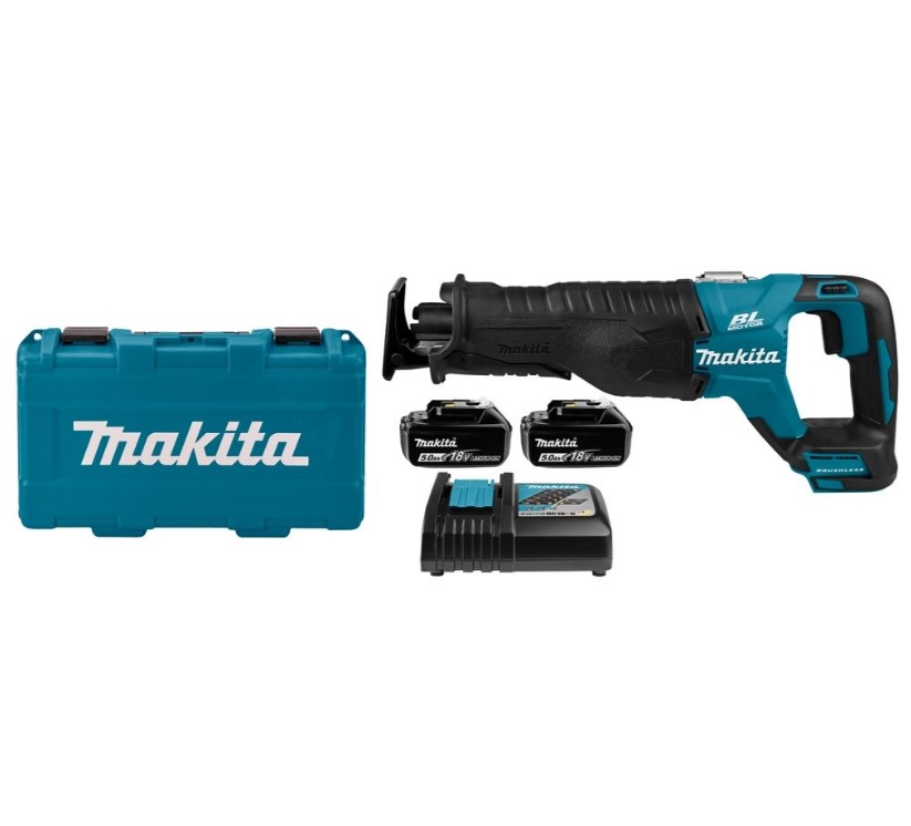 Makita DJR187RT, Пила саб ак б\щ,18В,2х5АчLi-ion,0-2300\0-3000об\м,ход-32мм,рез-255мм,3.4кг,чем,подсв,н-р пилок,D-обр,x5.0 Ач и быстрое з/у, кейс, полотна.Пила саб ак б\щ,18В,2х5АчLi-ion,0-2300\0-3000