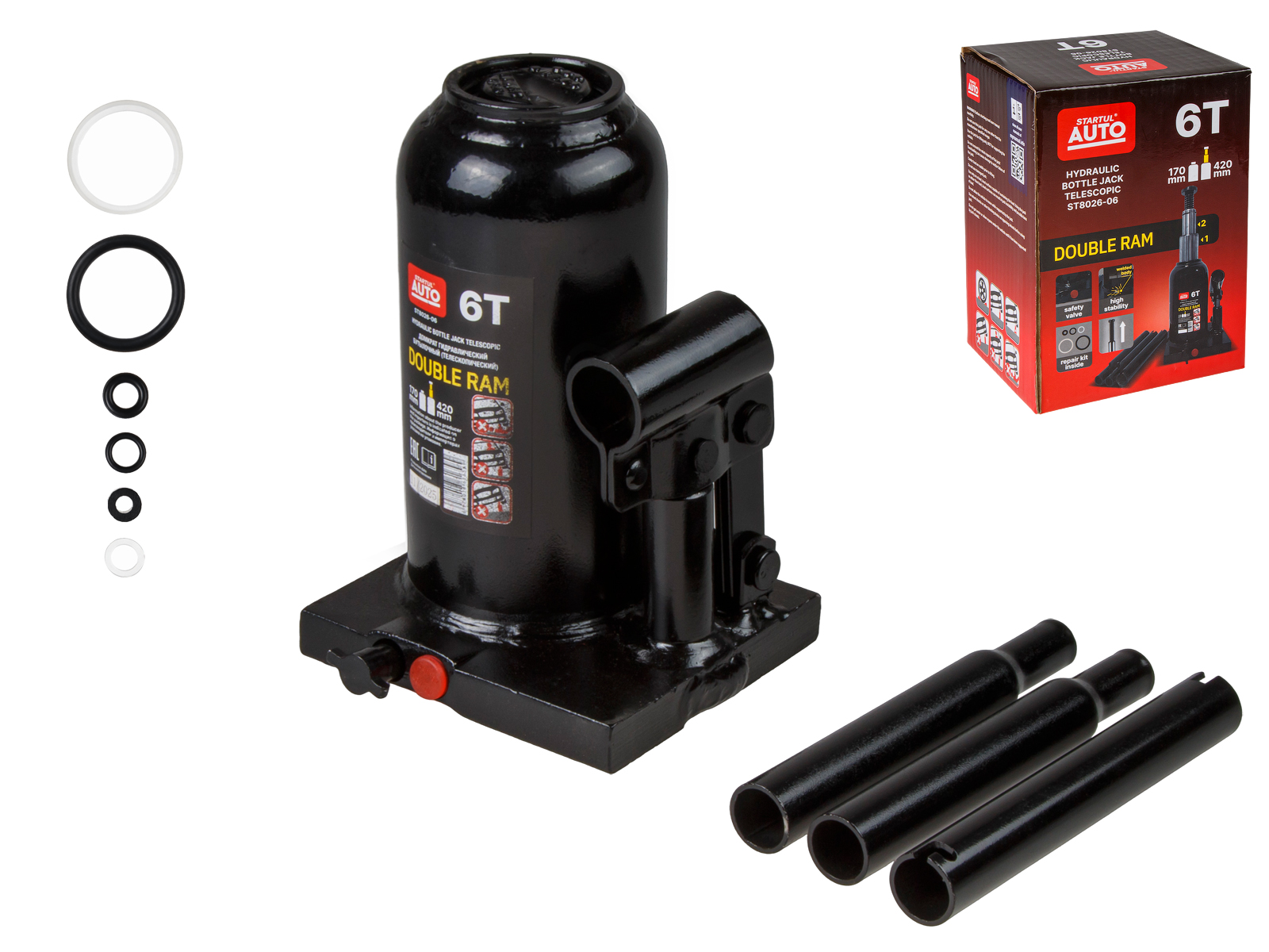 Домкрат гидравлический 6т бутылочный 170-420мм (телескопический) STARTUL AUTO (ST8026-06) Домкрат гидравлический 6т бутылочный 170-420мм (телескопический) STARTUL AUTO (ST8026-06)