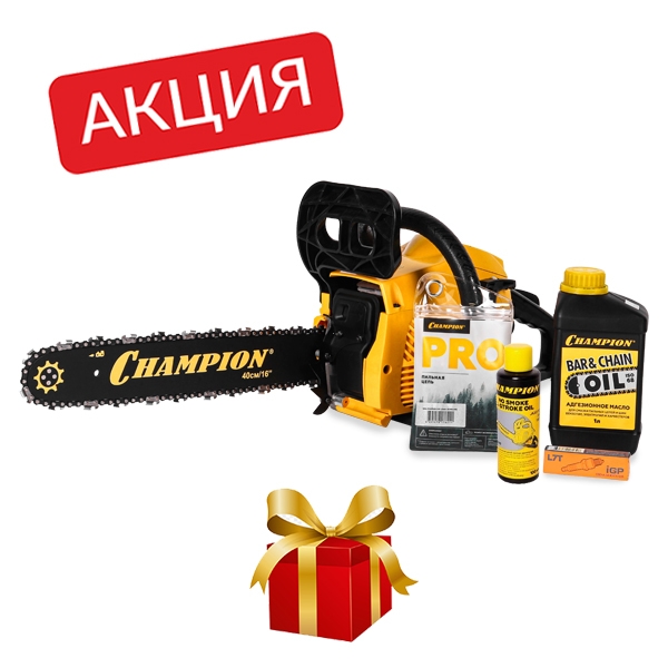 CHAMPION A237-16, Бензиновая цепная пила, 1,5 кВт., 16"/400 мм, 11500 об/мин + подарок: масло для цепи 1л; свеча; цепь; смазка 0,5 гр. - фото1