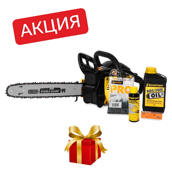 CHAMPION А240-16, Бензиновая цепная пила, 1,7 кВт, 16"/400 мм, 12500 об/мин + подарок: масло для цепи 1л; свеча; цепь; масло для 2-тактных двигателей 0,1л. - фото1