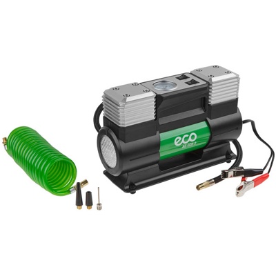 ECO AE-028-2, Компрессор автомобильный,12 В, 280 Вт, 70 л/мин, 2 цилиндра, 10 бар (манометр 7 бар), фонарь, сумка