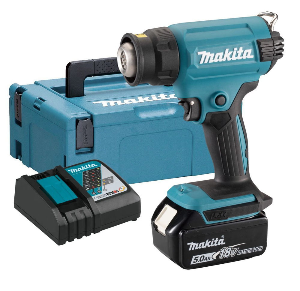 Makita DHG180RT1J, Термовоздуходувка  DHG180RT1J аккумуляторная (18V / 1*5,0 Ah / 550° / 4 насадки / MakPac), MAKITA