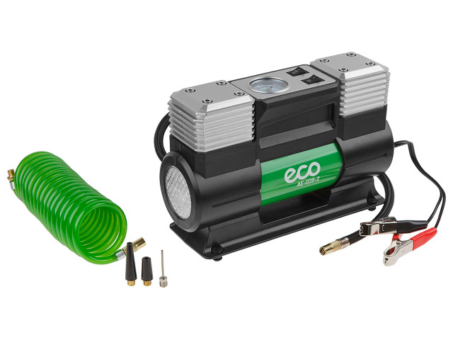 ECO AE-028-2, Компрессор автомобильный,12 В, 280 Вт, 70 л/мин, 2 цилиндра, 10 бар (манометр 7 бар), фонарь, сумка ECO AE-028-2, Компрессор автомобильный,12 В, 280 Вт, 70 л/мин, 2 цилиндра, 10 бар (манометр 7 бар), фонарь, сумка
