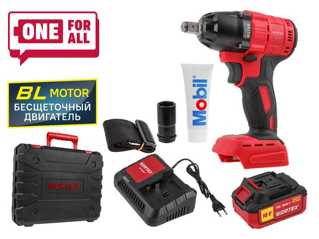 Аккум. ударный гайковерт WORTEX CWR 0318 акб и зу в чем. ALL1 XLT SET 18 В, 310 Н*м, 1/2", 4 А*ч