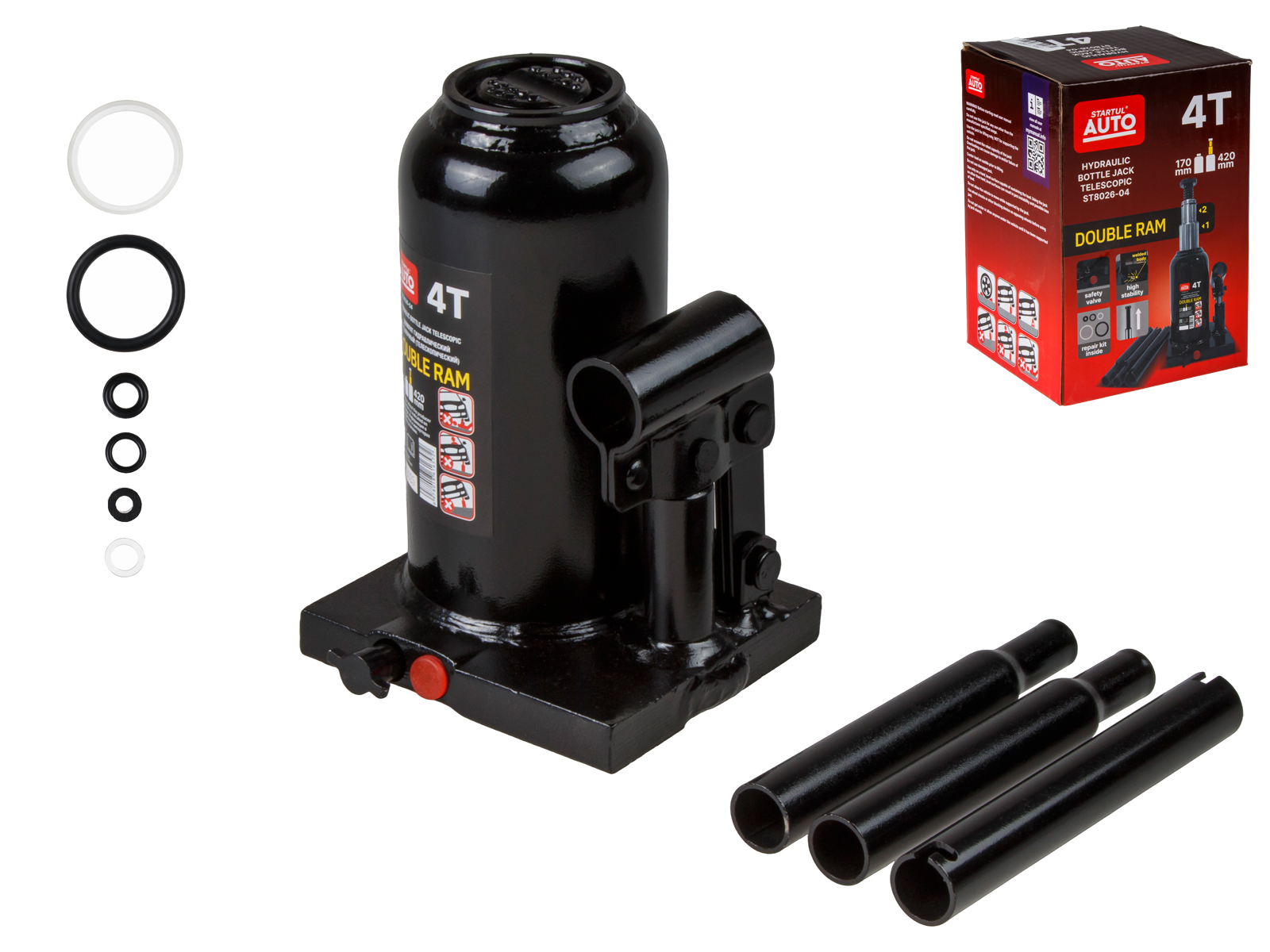 Домкрат гидравлический 4т бутылочный 170-420мм (телескопический) STARTUL AUTO (ST8026-04) Домкрат гидравлический 4т бутылочный 170-420мм (телескопический) STARTUL AUTO (ST8026-04)