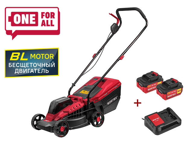 Газонокосилка аккумуляторная WORTEX CLM 3336 ALL1 XLT SET БЕСЩЁТ.ДВИГ., 18В+18В, 2акб, 4Ач, шир.3