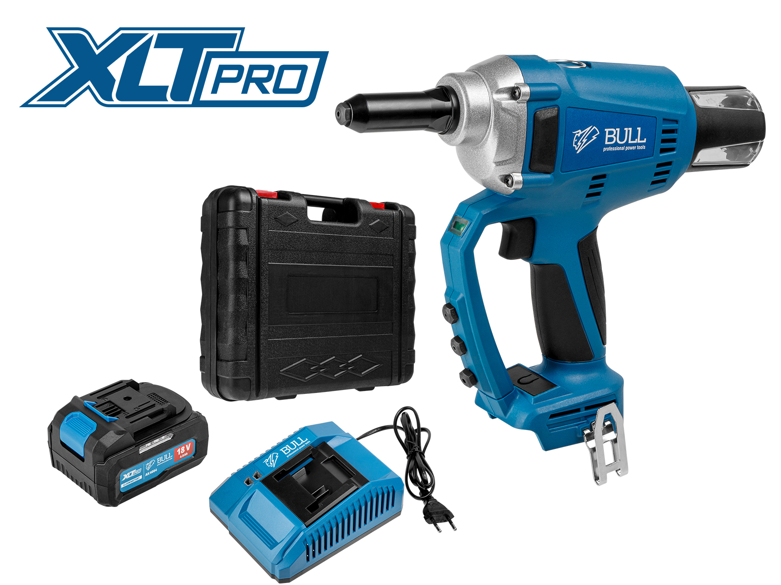 Аккум. заклепочный пистолет BULL CRG 1018 в чем. XLTpro, БЕСЩЕТ., 25 мм, 10000 Н, 1х4 А*ч (2.4, 3.2, 4.0, 4.8 мм, вытяжные, подсветка) Аккум. заклепочный пистолет BULL CRG 1018 в чем. XLTpro, БЕСЩЕТ., 25 мм, 10000 Н, 1х4 А*ч (2.4, 3.2, 4.0, 4.8 мм, вытяжные, подсветка)