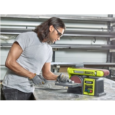 RYOBI RBDS4601G, Шлифовальный станок, 375 Вт; 2900 об/мин; диск D150 мм; лента 100х914 мм; наклон до 45 град; чугунное основание, арт 27544 фото-3
