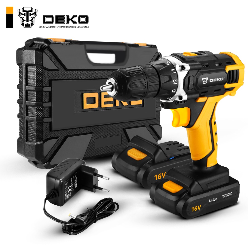 Дрель-шуруповерт аккумуляторная DEKO DKCD16FU-Li 063-4094 (63 предмета)