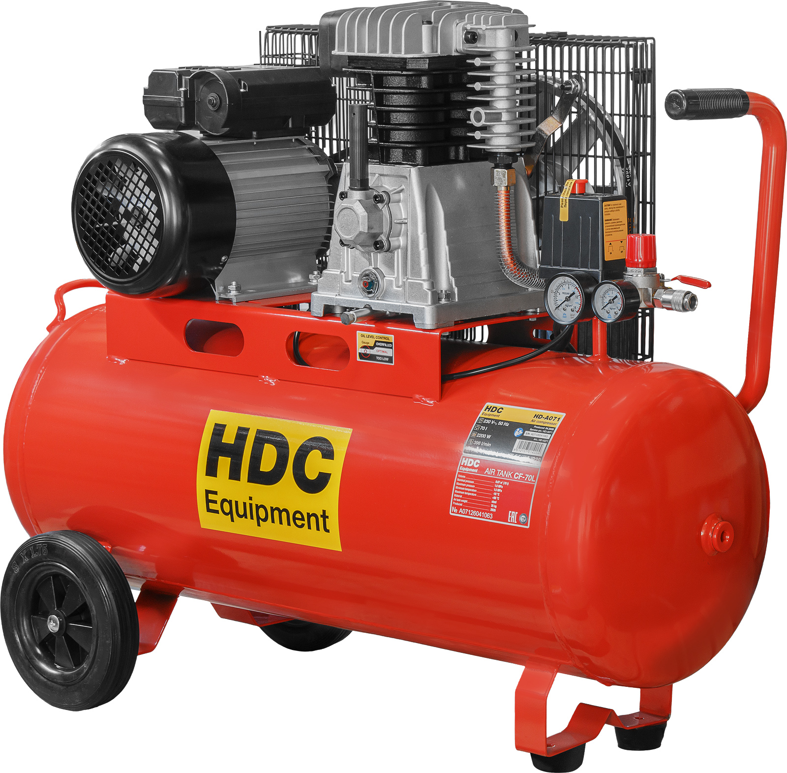 HDC HD-A071, Компрессор поршневой масляный, 396 л/мин, 10 атм, 70 л, 2,2 кВт, 220В, шланг - фото1