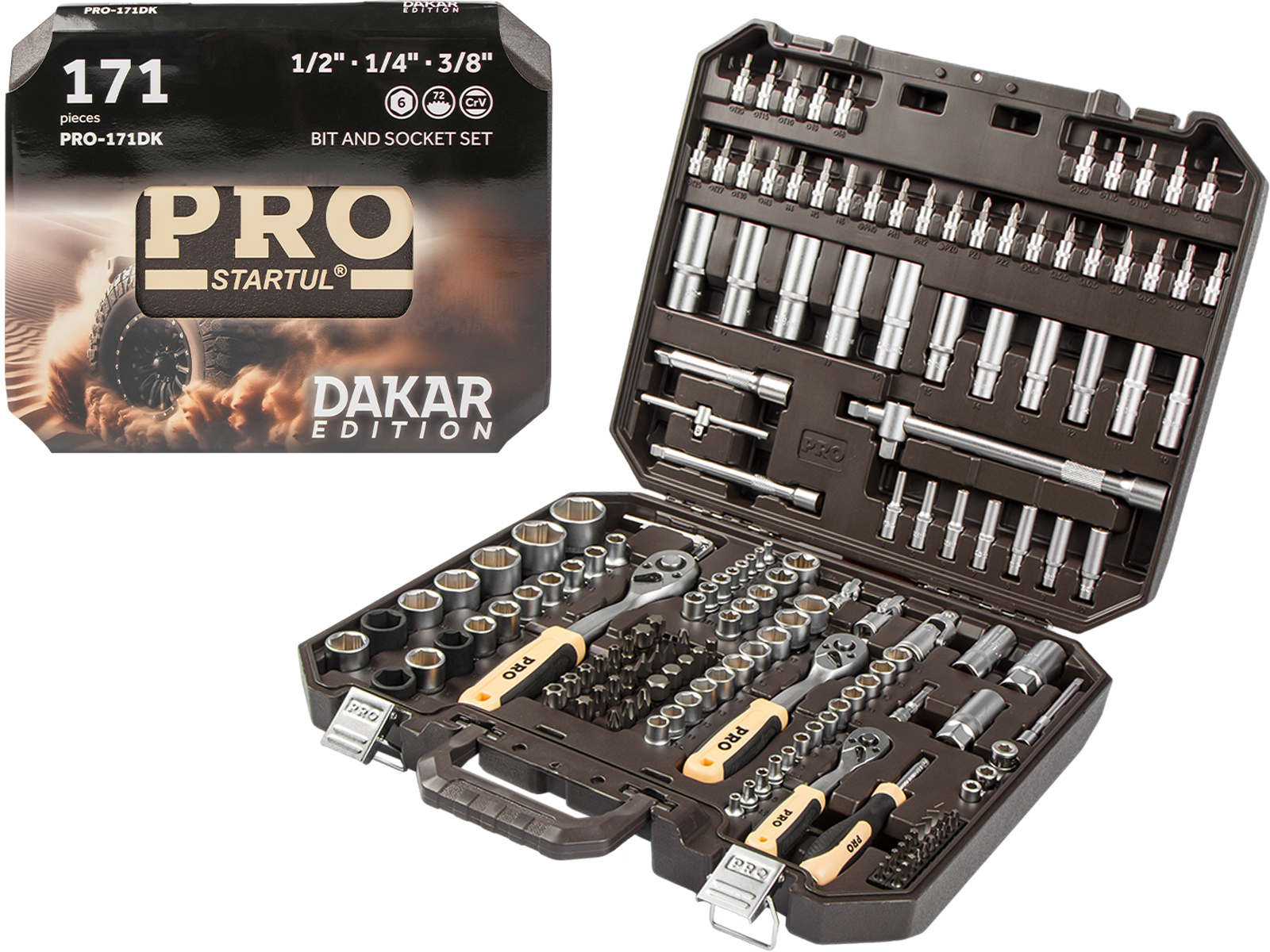 Набор головок и бит 171пр. 1/4",3/8",1/2" PRO STARTUL DAKAR (PRO-171DK) - фото1